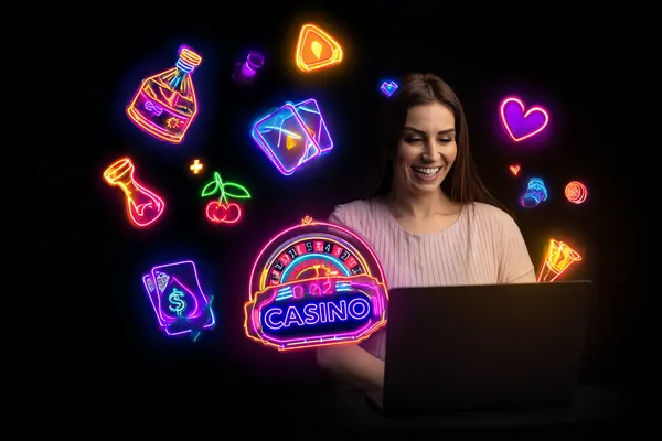 A woman smiling while playing online games on her laptop, surrounded by neon casino elements, showcasing KM787’s diverse game collection.